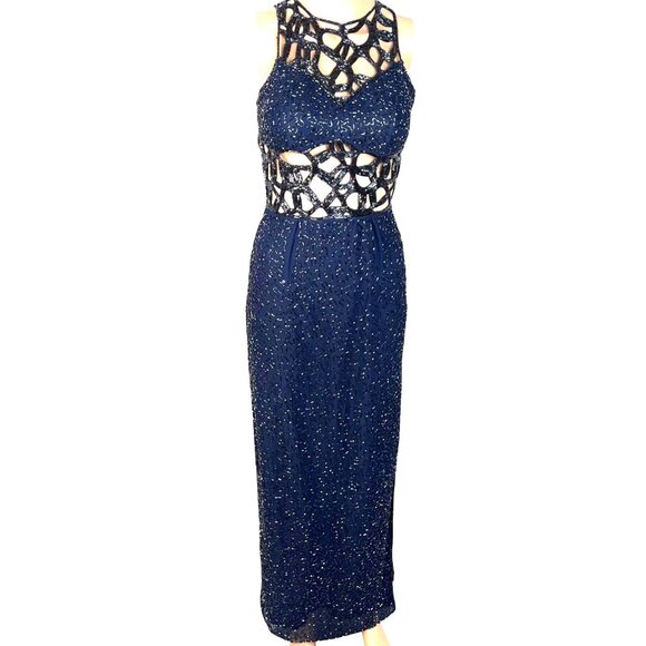 Sean Collection Navy Cutout Beaded Silk Gown Fully Lined Formal Evening Dress XS - Picture 1 of 12